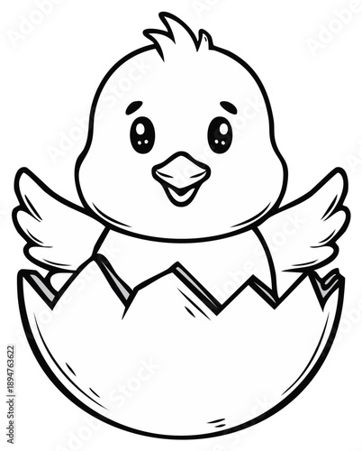 Cartoon outline of cute baby chick hatching from broken eggshell for Easter illustration