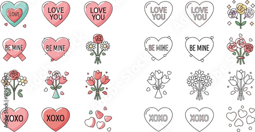 Collection of charming valentine's day icons featuring colorful candy hearts sweet floral bouquets and lovely line art designs
