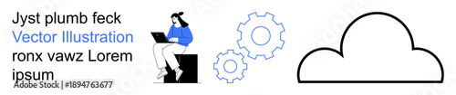 Technology, digital transformation, cloud computing, remote work, data management, software solutions. Woman using a laptop, gear icons cloud symbol. Cloud computing and digital transformation