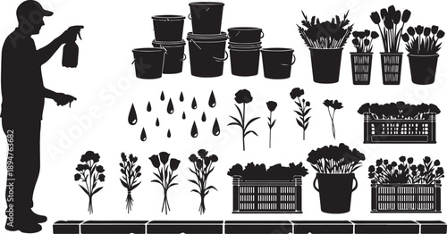 Gardener silhouette watering plants and flowers in pots illustration