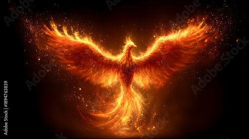 Fiery phoenix rising from flames with outstretched wings against dark background