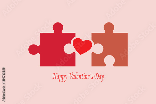 Valentine’s Day vector illustration of two jigsaw puzzle pieces connected by a red heart symbol. Represents love, relationship, connection, compatibility, romance, and togetherness.