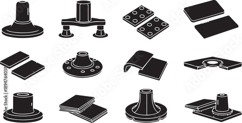 Black and white industrial parts and components illustration set