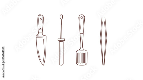 A set of four kitchen utensils are displayed on a white background.