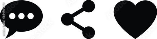Social media icons silhouette illustration, chat message bubble, share network symbol and heart like icon, digital communication design