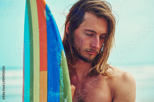 Canvas Print Surfboard, travel and man by beach on holiday with water sports, exercise or active hobby