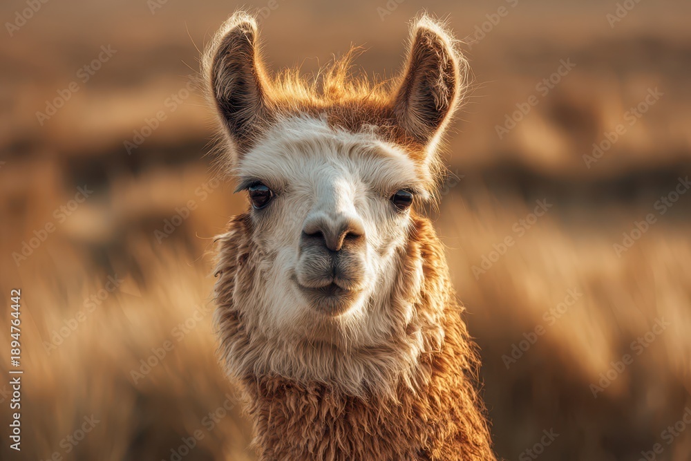 Fototapeta premium Gentle llama portrait in rural meadow with warm tones