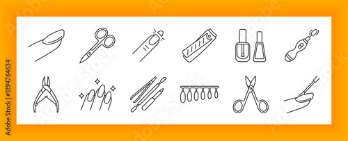 Nail care set icon. Fingernail, scissors, nail polish, electric file, clippers, painted nails, brush tools, polish rack, and tweezers shown in manicure, grooming, and beauty contexts.