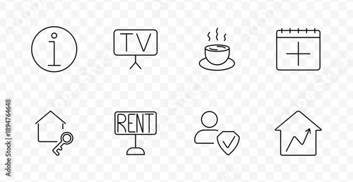 Real estate utility icon. Info symbol, TV board, coffee cup, calendar, house key, rent sign, verified user, rising graph outlined on transparent grid.