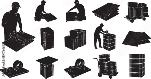 Workers handling boxes and materials in warehouse settings efficiently