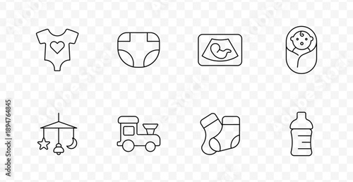 Baby care set icon. Line icons showing onesie, diaper, ultrasound, swaddled infant, crib mobile, toy train, socks, and baby bottle