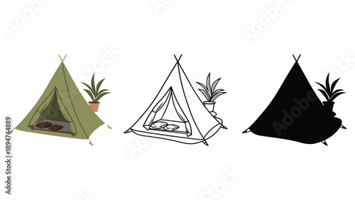Three different colored teepees with plants on a white background