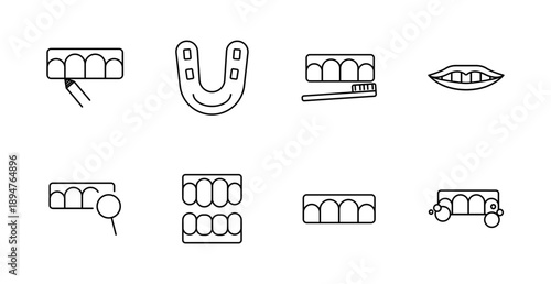 Dental set icon. Whitening, mouthguard, brushing, smile, scan, inspection, jaw model showing hygiene, orthodontics, cosmetic care, dental tools.