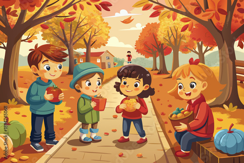 Children eating apples on street path full of colorful autumn leaves, lifestyle scene of cozy seasonal moments of childhood outdoors.