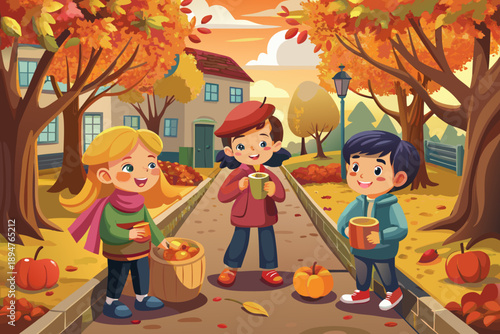 Children eating apples on street path full of colorful autumn leaves, lifestyle scene of cozy seasonal moments of childhood outdoors.
