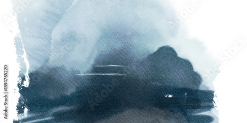 Hand-painted watercolor artwork with dark blue layers forming an abstract landscape mood, evoking depth, silence, and natural atmosphere. Vector