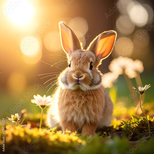 Adorable bunny basks in warm sunlight, surrounded by flowers