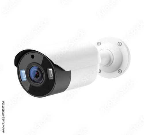 White and black security camera with lens and mounting bracket isolated on a transparent background.