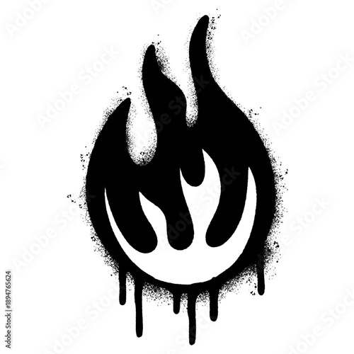 Black Spray Paint Flame Silhouette with Drip Effect on White Background.