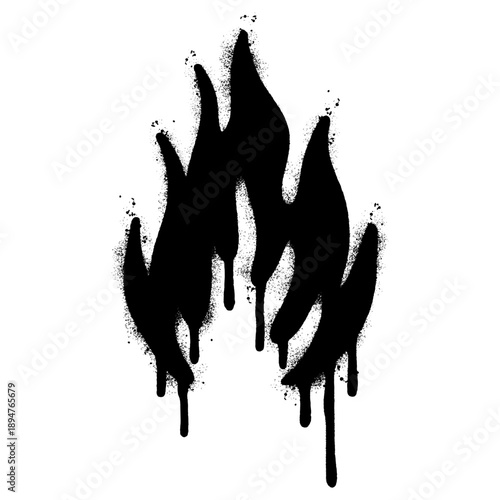 Black Spray Paint Flame Silhouette with Drip Effect on White Background.