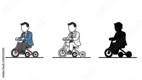 A man in a suit rides a tricycle in three different styles.