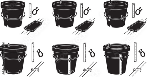 Black buckets and gardening tools illustration set on white