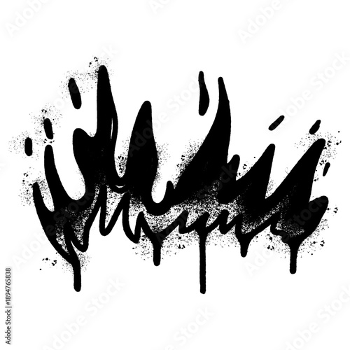 Black Spray Paint Flame Silhouette with Drip Effect on White Background.