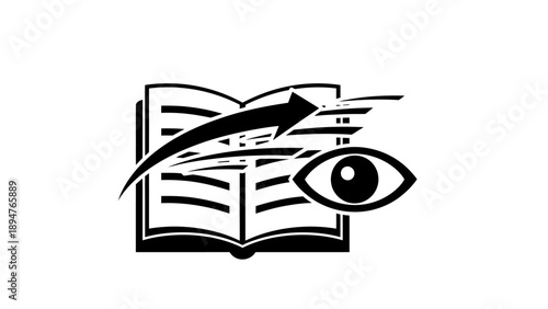 Open book with eye and arrow symbolizing learning and progress.
