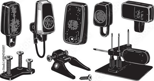 Vintage microphone parts and accessories illustration set