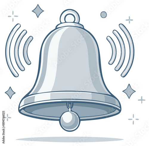 Cartoon silver bell, ringing with sound waves
