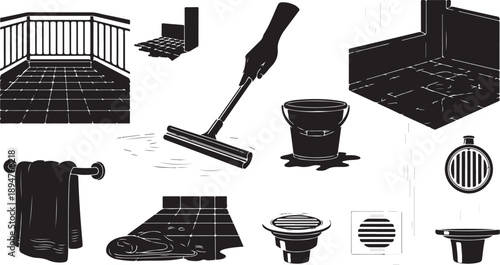Black and white bathroom cleaning tools and accessories illustration