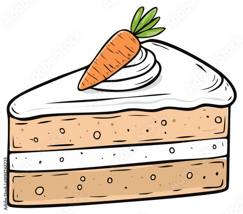 Delicious slice of carrot cake with cream cheese frosting and a fresh carrot topping