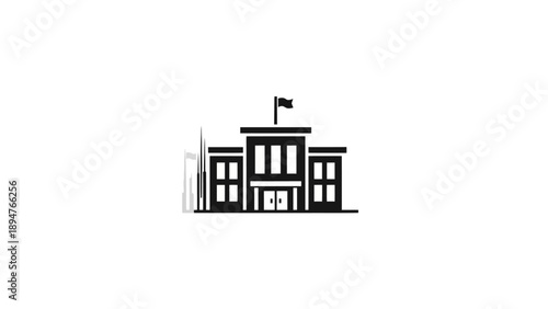 Modern School Building Icon with Flag on Roof.