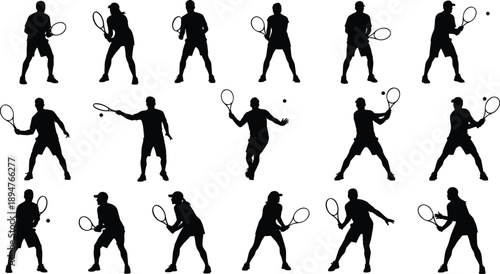 Tennis player silhouette collection set, male and female athletes in action poses, racket sport icons, black and white illustration