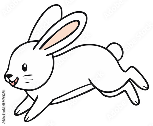 Energetic cartoon white rabbit hopping happily forward with a cheerful smile illustration