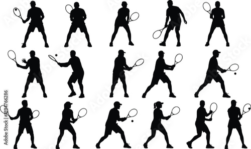 Tennis player silhouette set collection, male and female athletes performing action poses, racket sport icons, black and white illustration