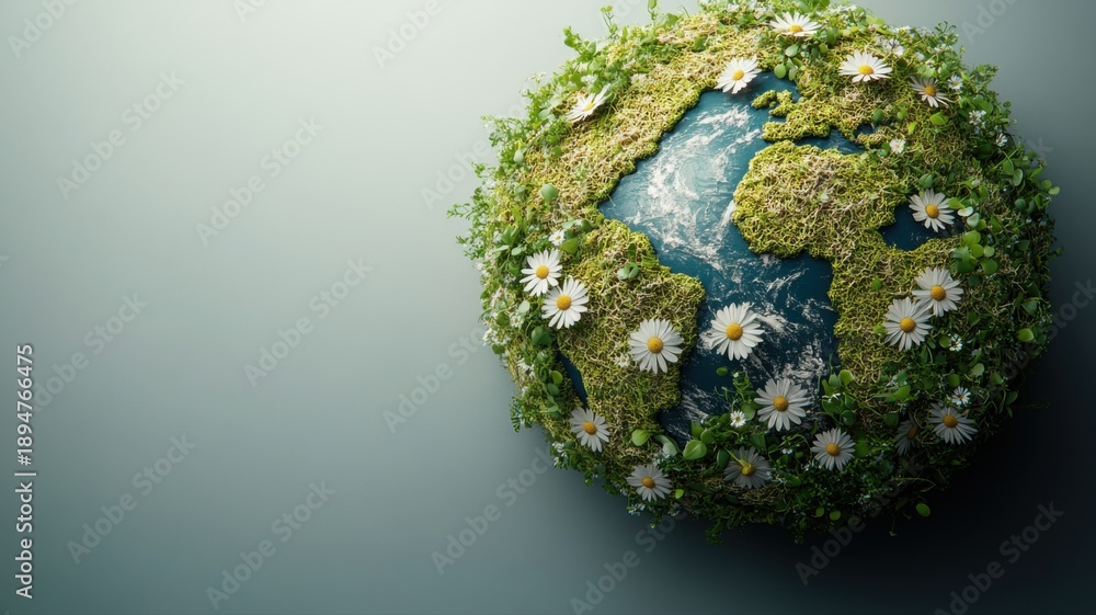 Fototapeta premium Lush Green Earth Globe Covered in Daisies and Plants globe green lush plants daisies planet world ai