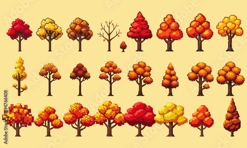 Autumn Pixel Art Tree Collection Set for Game Design and Digital Illustration Featuring Vibrant Red Orange and Yellow Fall Foliage Nature Deciduous and Coniferous Forest Sprites Isolated Elements