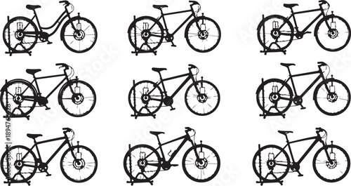 Multiple bicycle silhouettes in various positions and angles shown