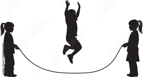 Silhouette of three children playing jump rope outdoors, capturing joyful movement, childhood fun, teamwork, and energetic activity in a playful and nostalgic black illustration.