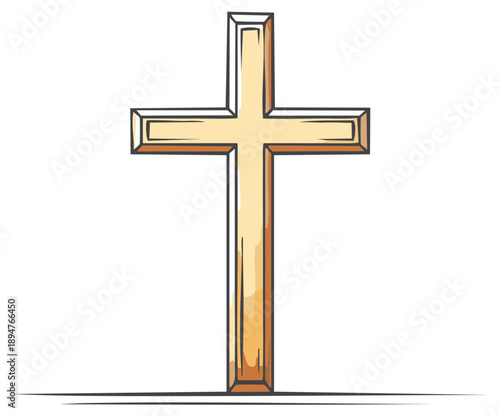 Golden Christian Cross Religious Symbol with Outline Drawing Detail