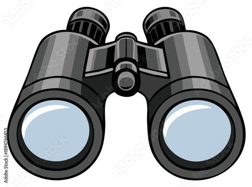 Illustration of a dark gray pair of binoculars with large lenses and adjustable focus