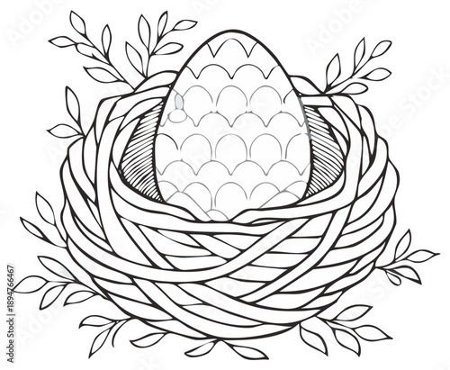 Detailed outline drawing of a mythical patterned egg nestled in a rustic woven nest with decorative leaves