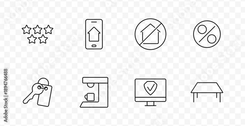 Hotel service set icon. Stars rating, mobile house, no stay symbol, percent sign, key tag, coffee machine, secure desktop, table drawn in outlined style with transparent background