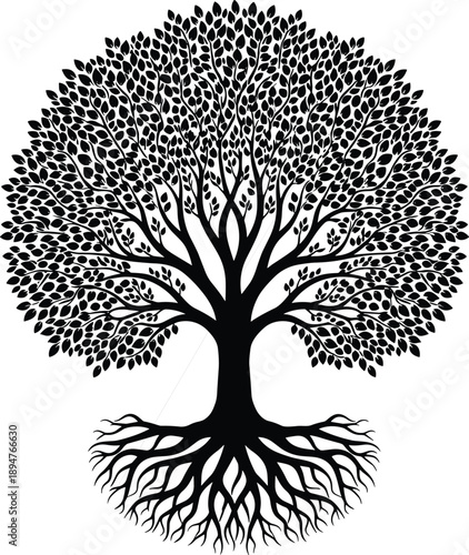 Tree of life silhouette illustration with roots and branches, nature symbol of growth balance and connection isolated on white background