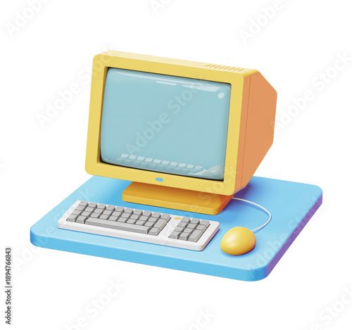 Yellow computer monitor with keyboard and mouse on blue base isolated on a transparent background.