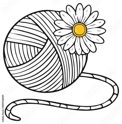Hand Drawn Yarn Ball with Thread and Daisy Flower in Black and White Line Art Style