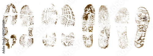 Foot print in wet mud, muddy boots, dirty tracks isolated on white background, clipping path
