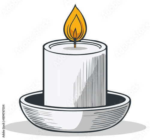 Lit White Candle on a Decorative Candle Holder with a Flickering Flame for Celebrations and Relaxation