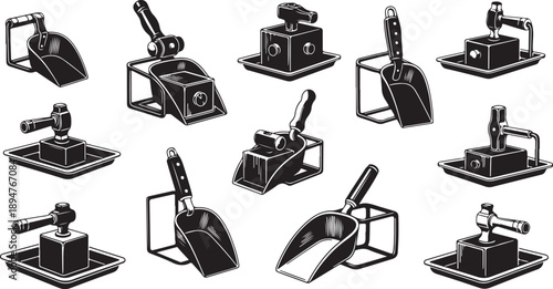 Various Shovel and Trowel Tool Illustrations in Black and White
